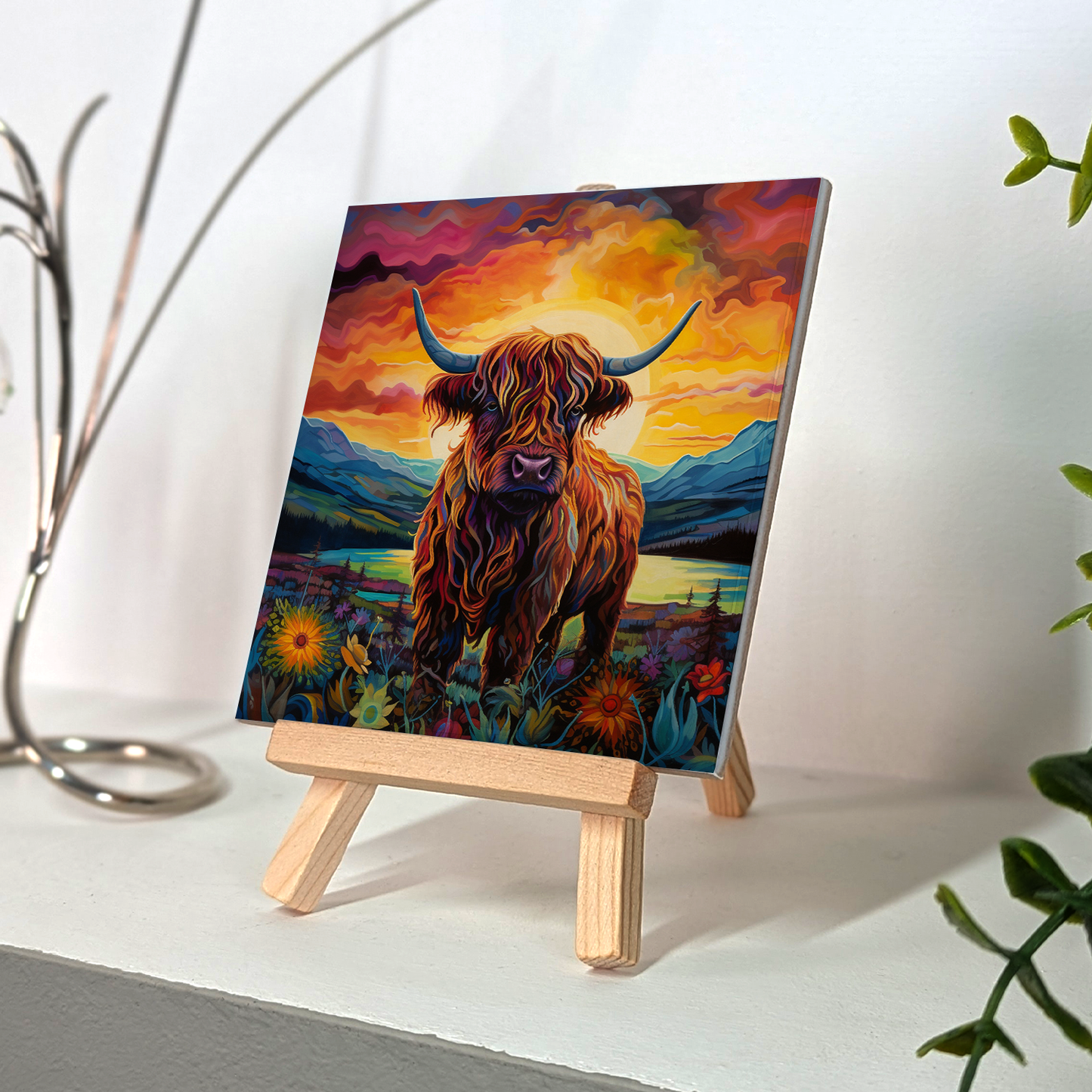 Highland Cow Ceramic Art Tile with Easel