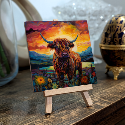 Highland Cow Ceramic Art Tile with Easel