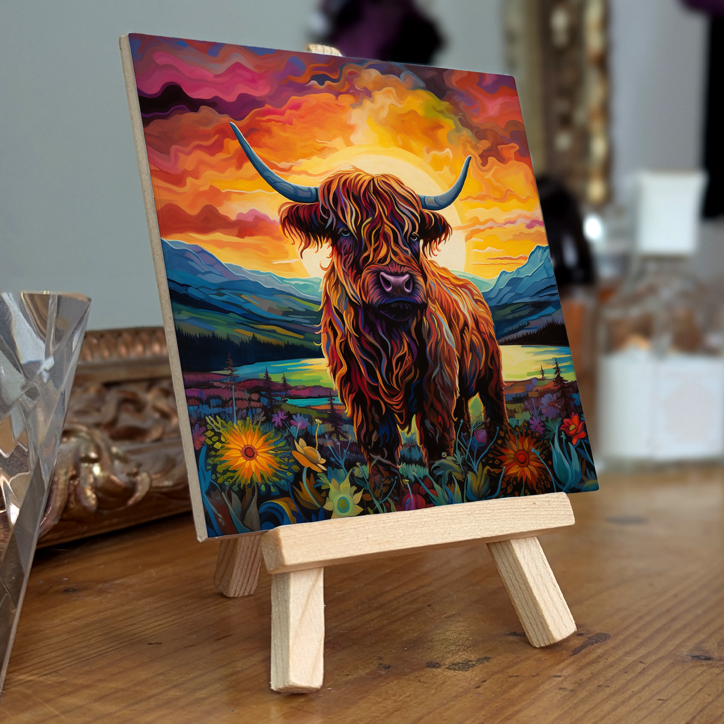 Highland Cow Ceramic Art Tile with Easel