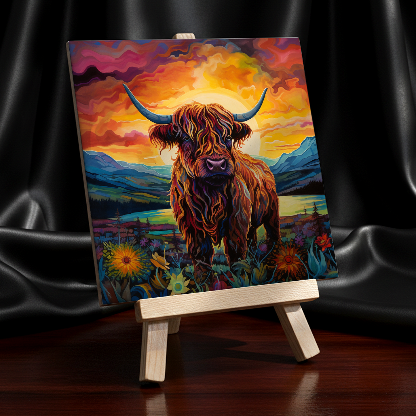 Highland Cow Ceramic Art Tile with Easel