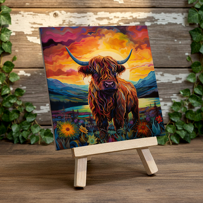 Highland Cow Ceramic Art Tile with Easel