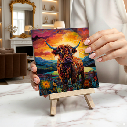 Highland Cow Ceramic Art Tile with Easel