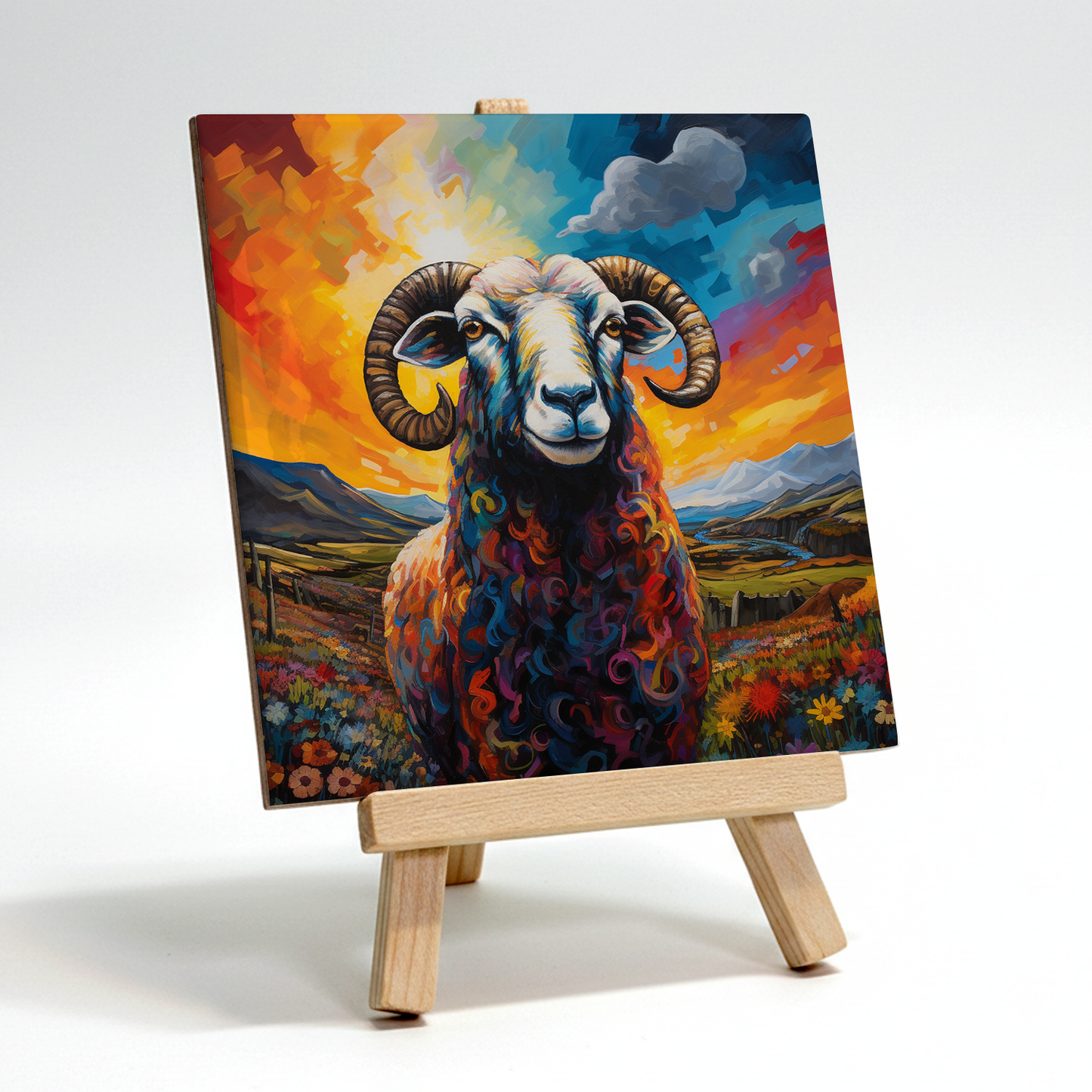 Long Horned Sheep Ceramic Art Tile with Easel