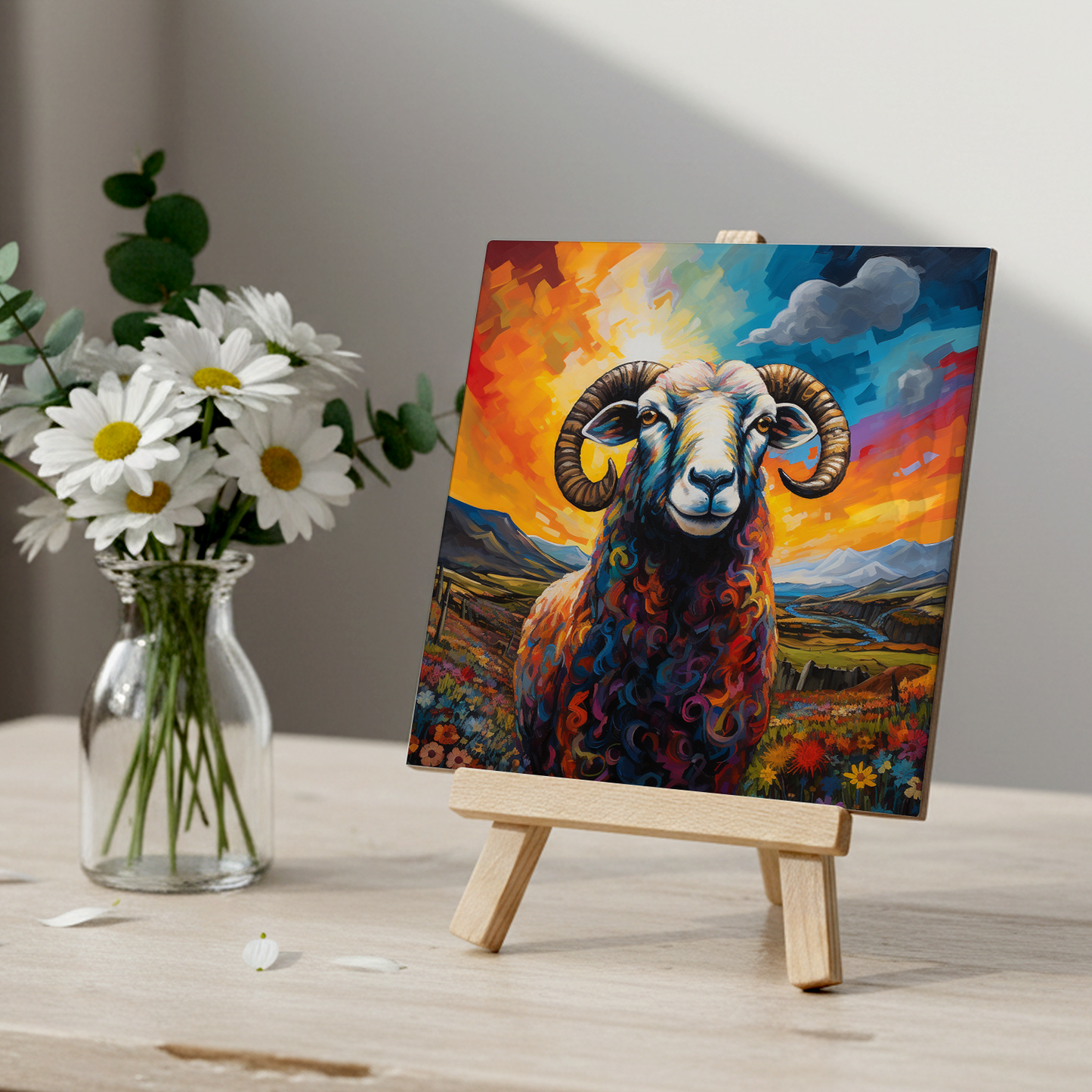 Long Horned Sheep Ceramic Art Tile with Easel