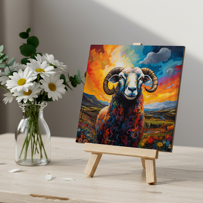 Long Horned Sheep Ceramic Art Tile with Easel