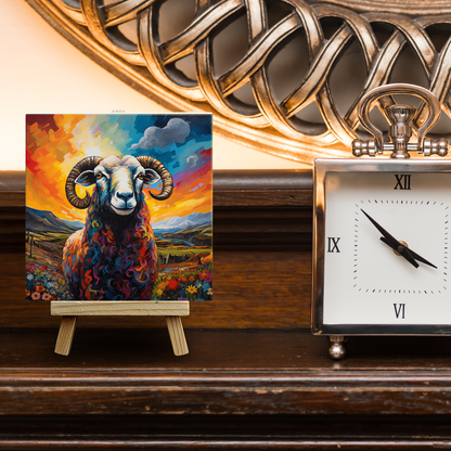 Long Horned Sheep Ceramic Art Tile with Easel