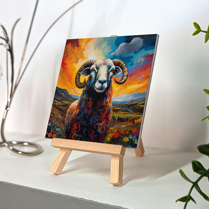Long Horned Sheep Ceramic Art Tile with Easel