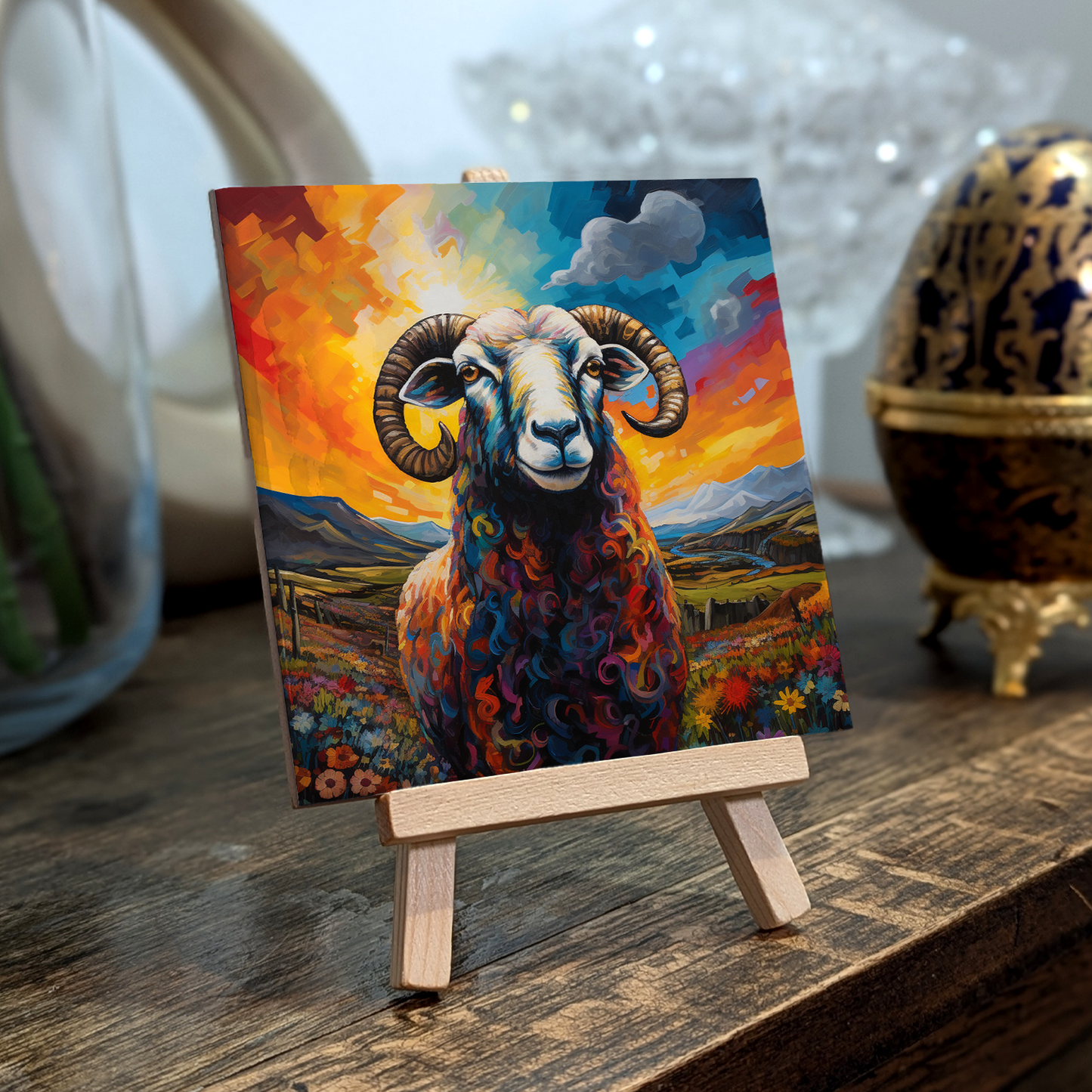 Long Horned Sheep Ceramic Art Tile with Easel