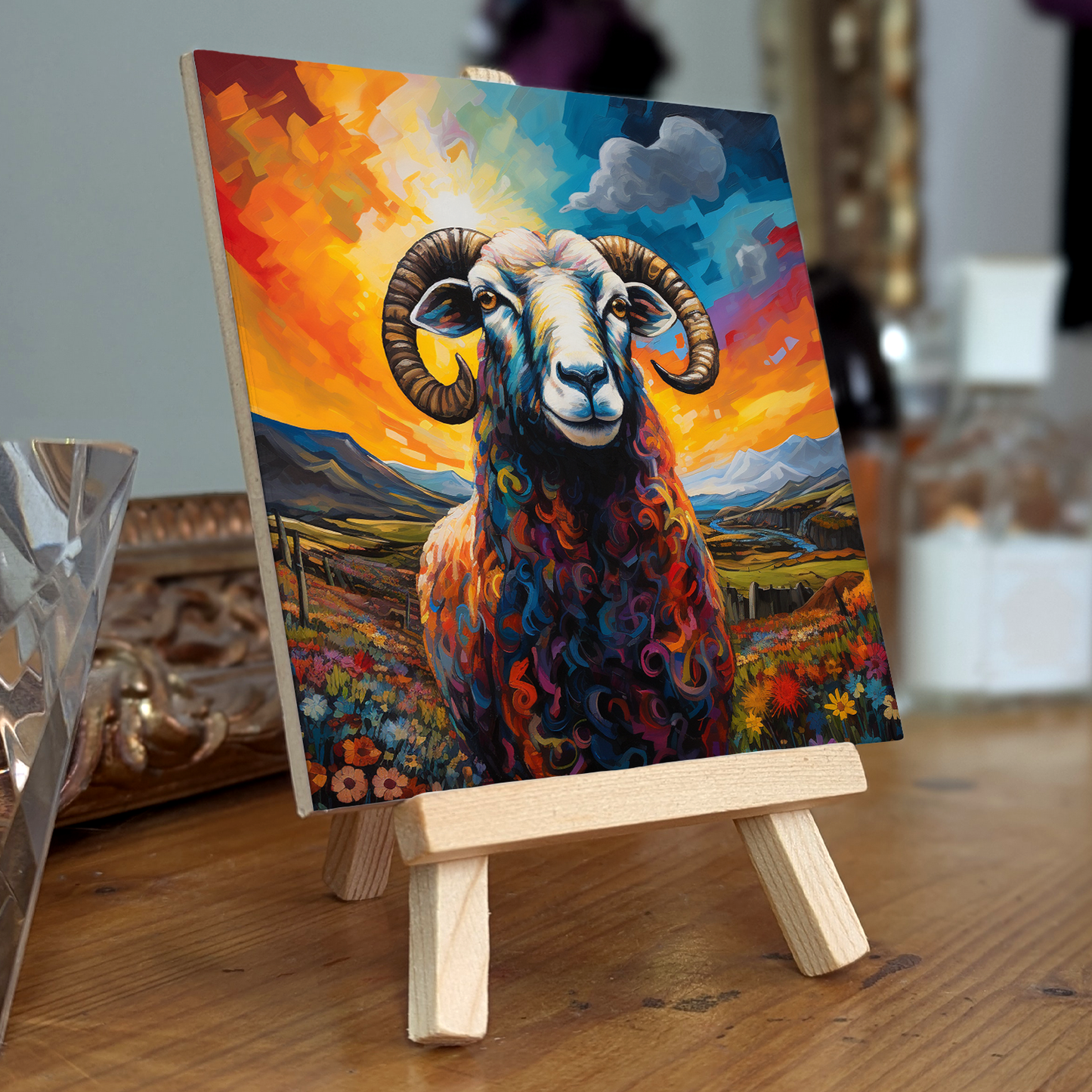 Long Horned Sheep Ceramic Art Tile with Easel