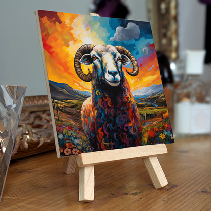 Long Horned Sheep Ceramic Art Tile with Easel