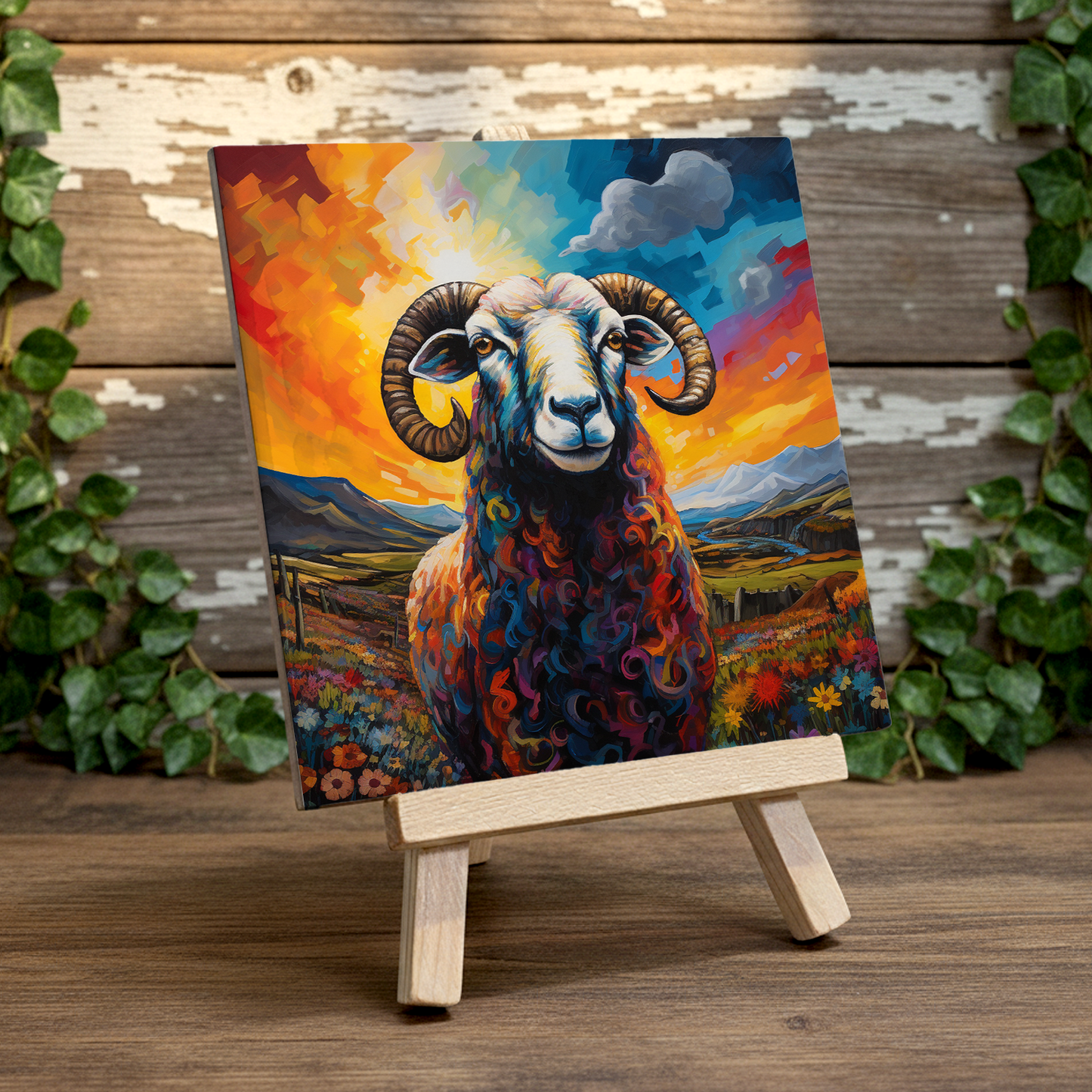 Long Horned Sheep Ceramic Art Tile with Easel