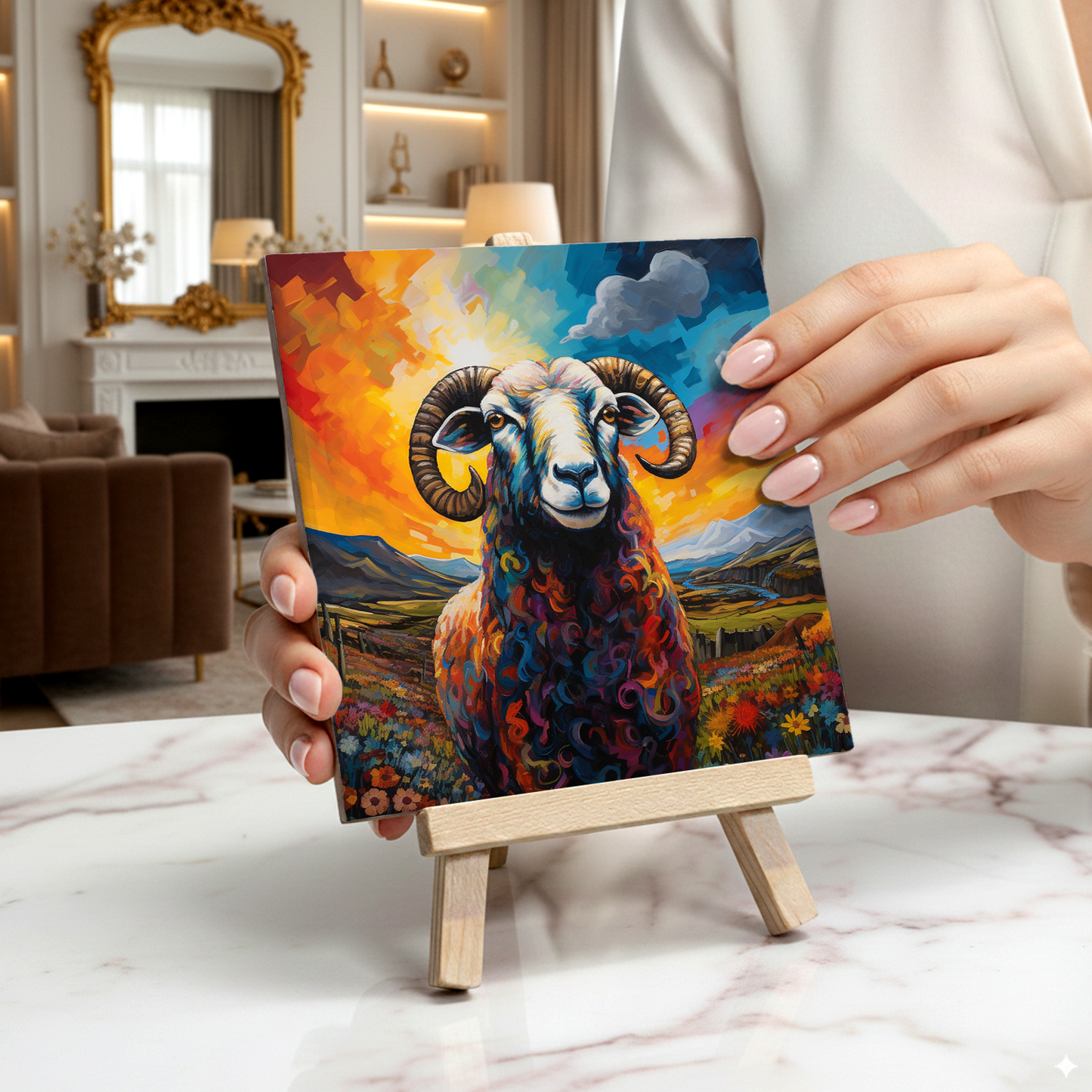 Long Horned Sheep Ceramic Art Tile with Easel