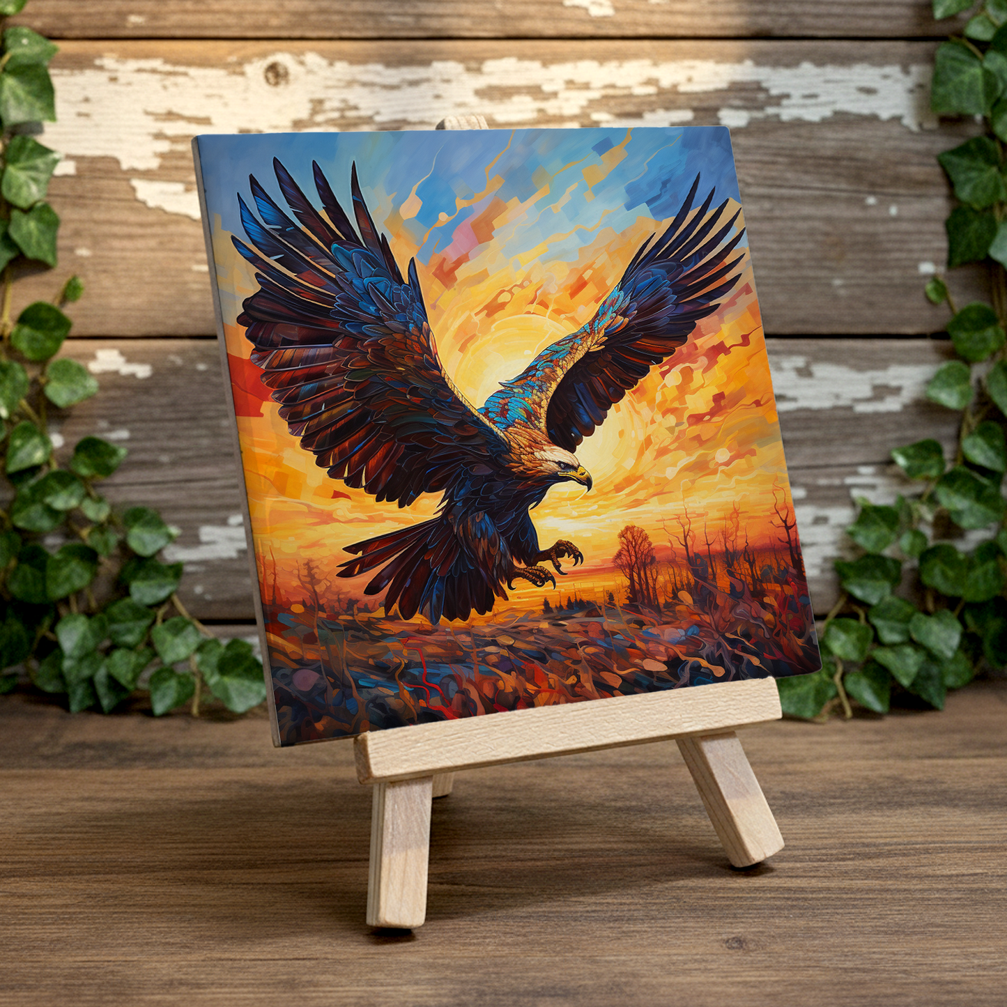 Golden Eagle Ceramic Art Tile with Easel