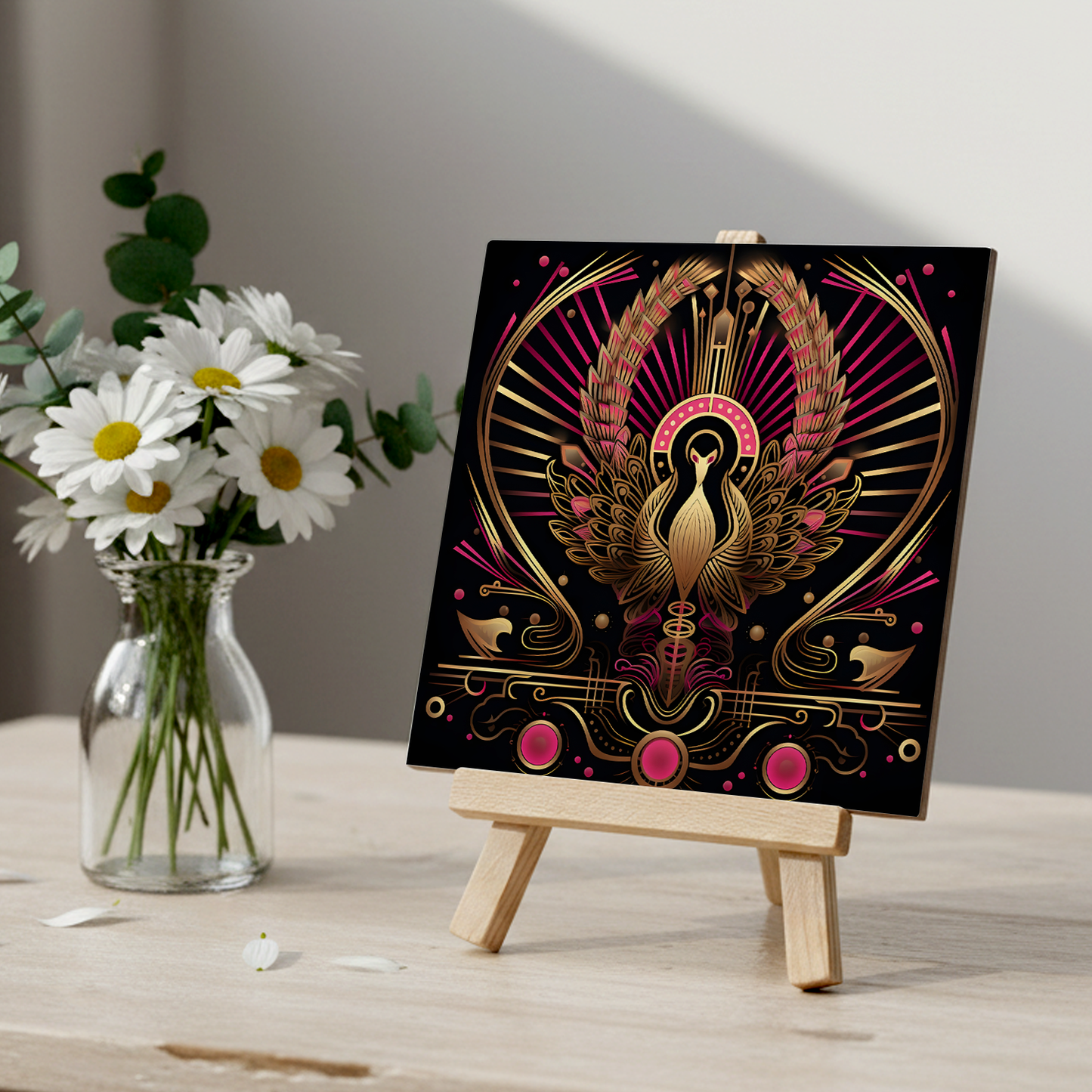 Crimson Phoenix Ceramic Art Tile with Easel