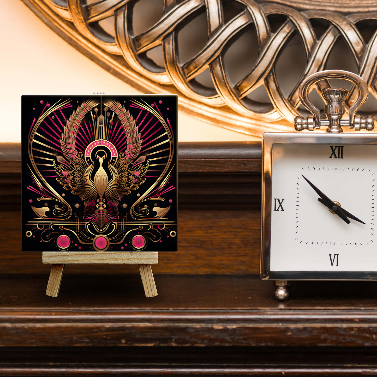 Crimson Phoenix Ceramic Art Tile with Easel