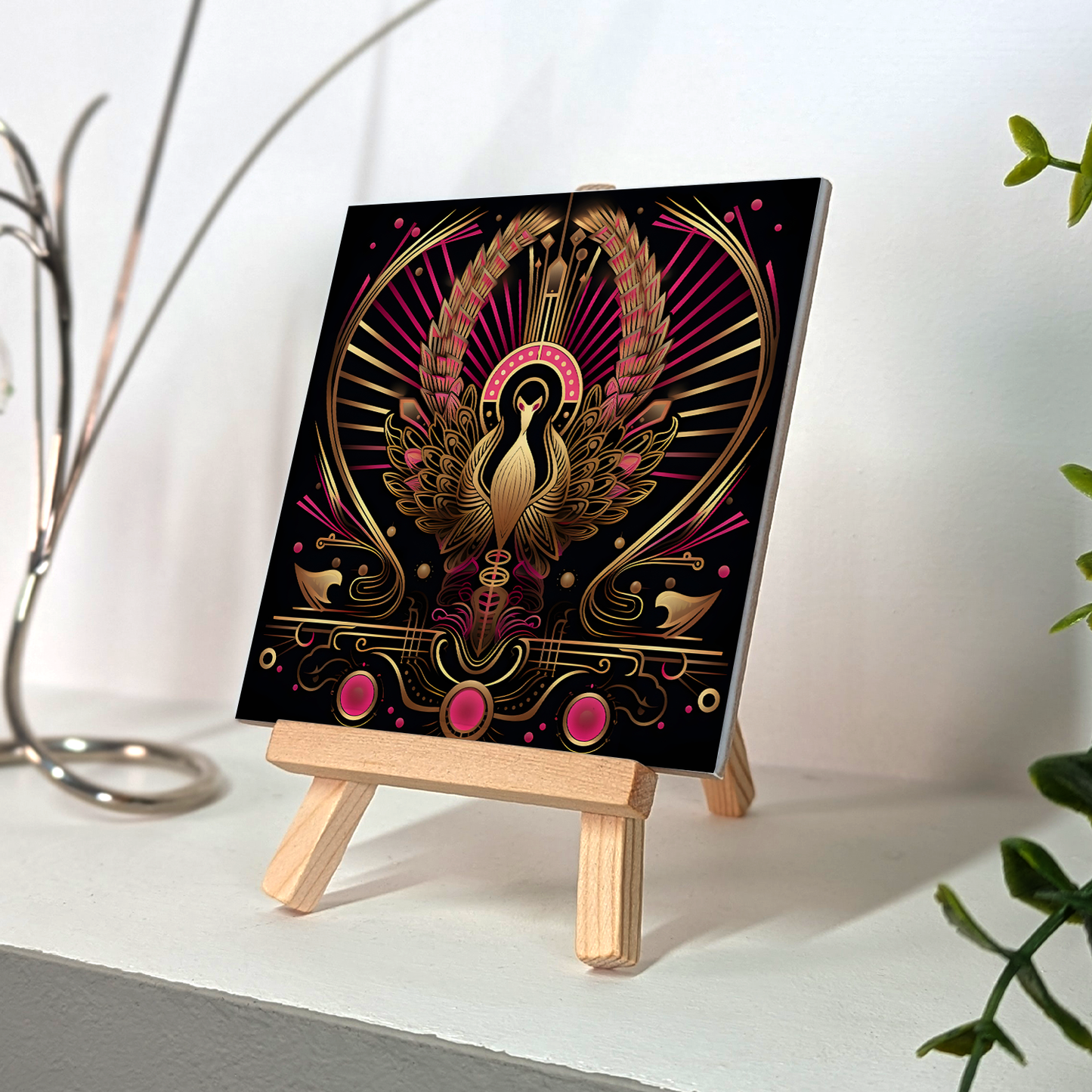 Crimson Phoenix Ceramic Art Tile with Easel