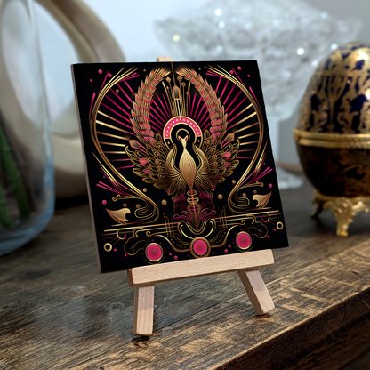 Crimson Phoenix Ceramic Art Tile with Easel