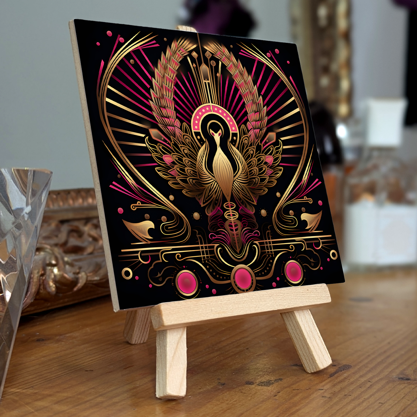 Crimson Phoenix Ceramic Art Tile with Easel