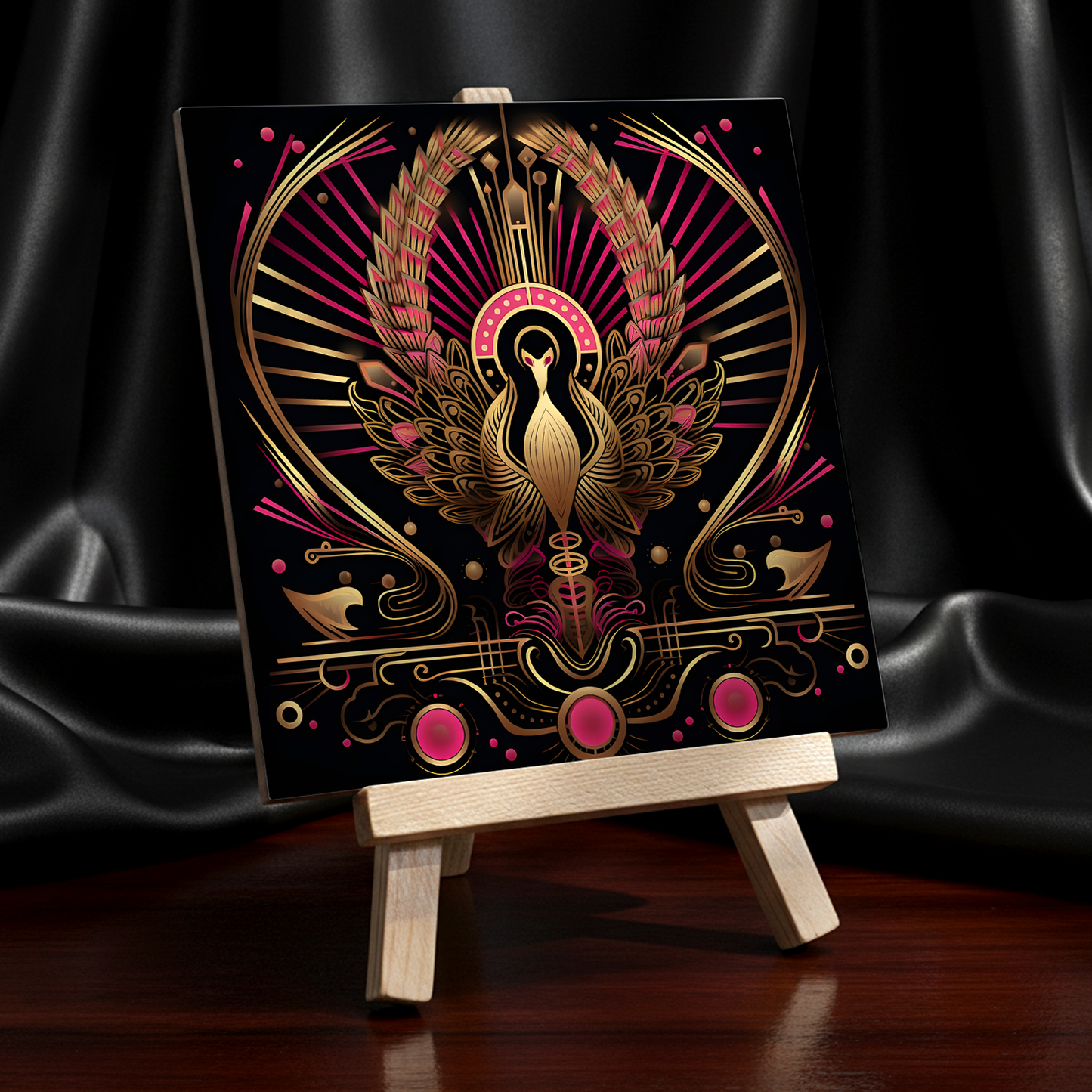 Crimson Phoenix Ceramic Art Tile with Easel