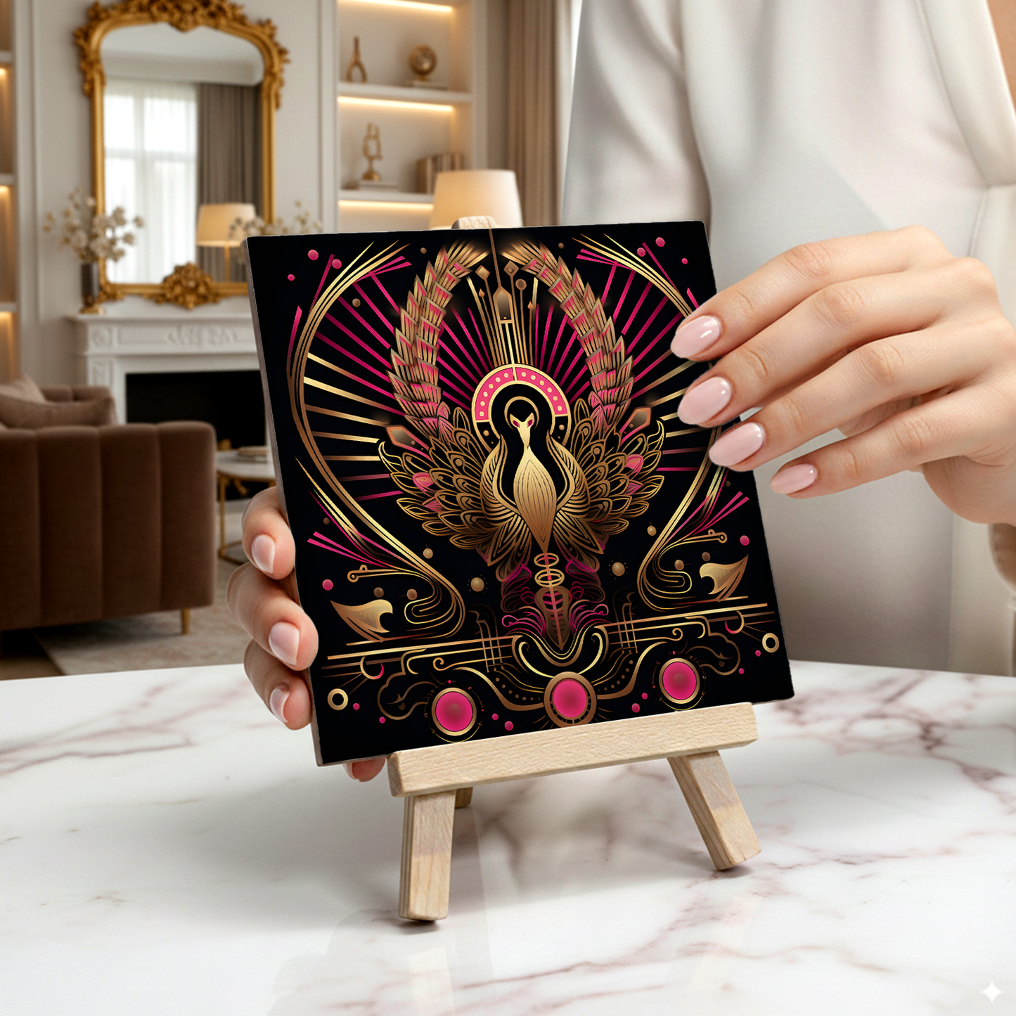 Crimson Phoenix Ceramic Art Tile with Easel