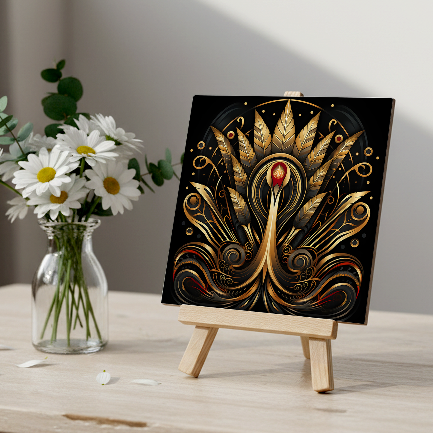 Golden Plume Ceramic Art Tile with Easel