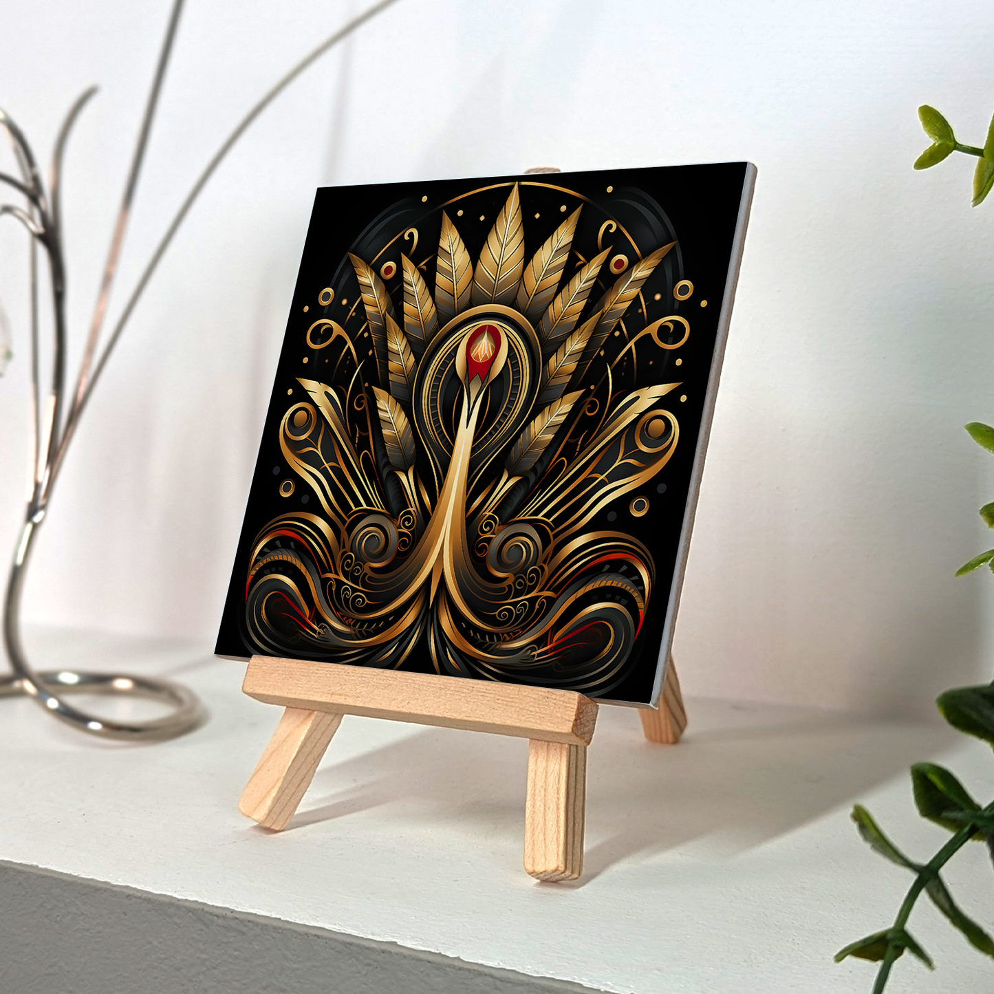 Golden Plume Ceramic Art Tile with Easel