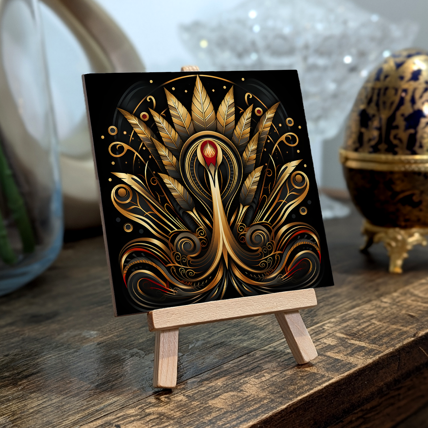 Golden Plume Ceramic Art Tile with Easel