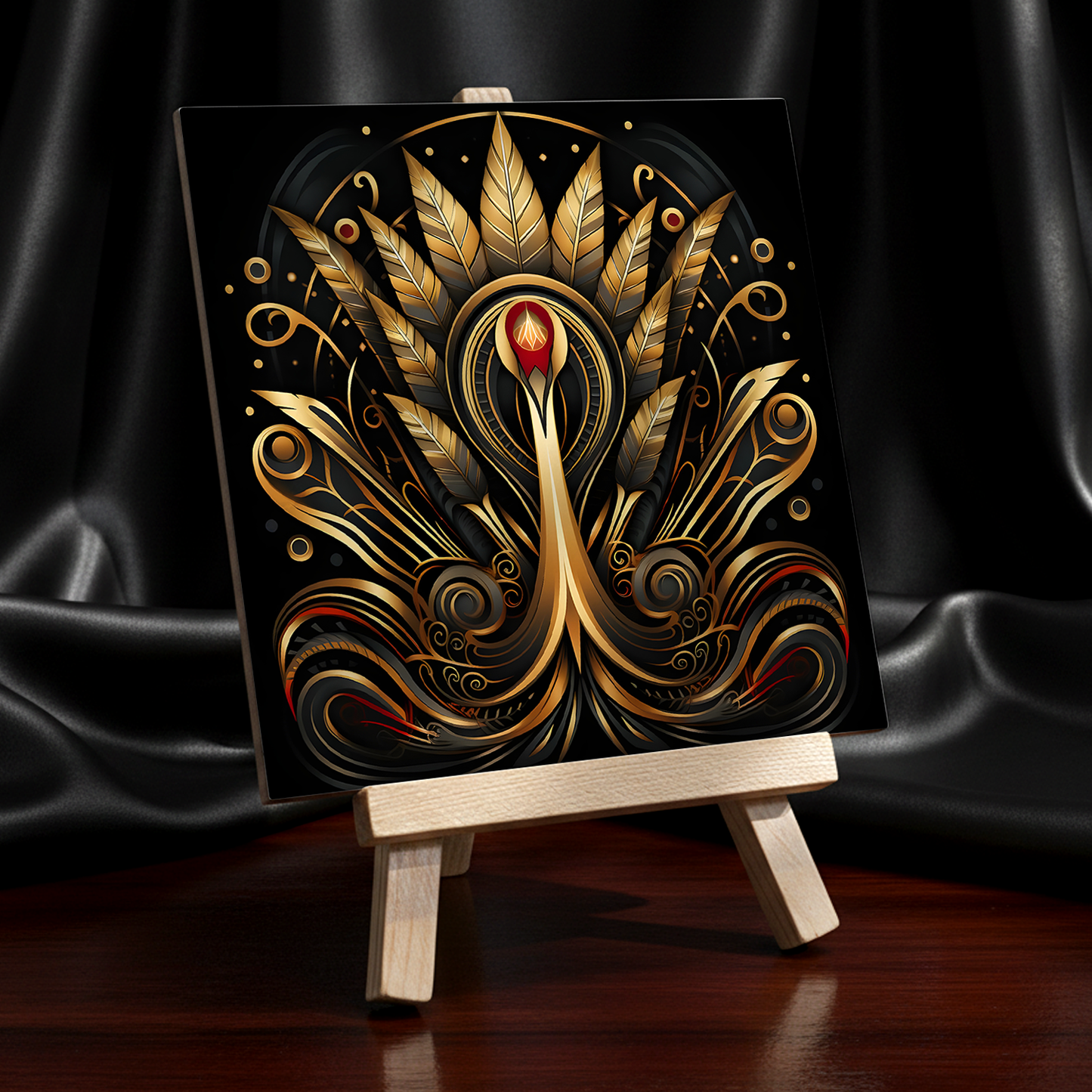 Golden Plume Ceramic Art Tile with Easel