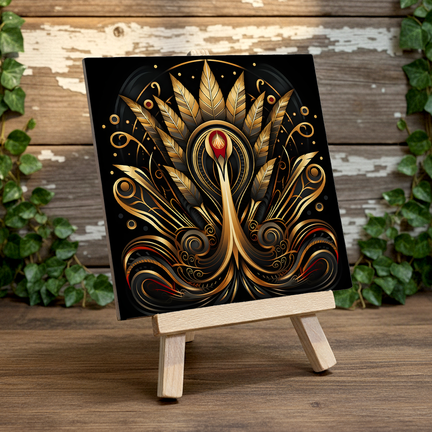Golden Plume Ceramic Art Tile with Easel