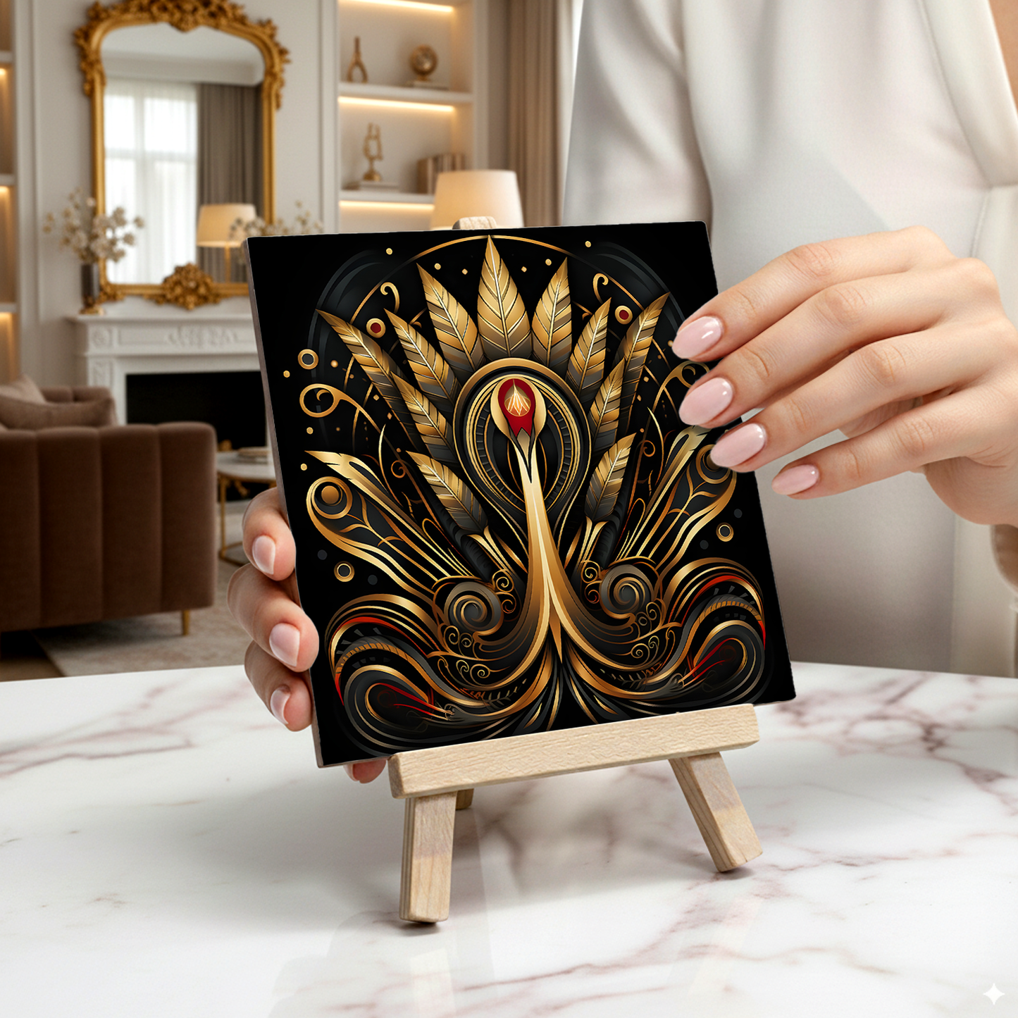 Golden Plume Ceramic Art Tile with Easel