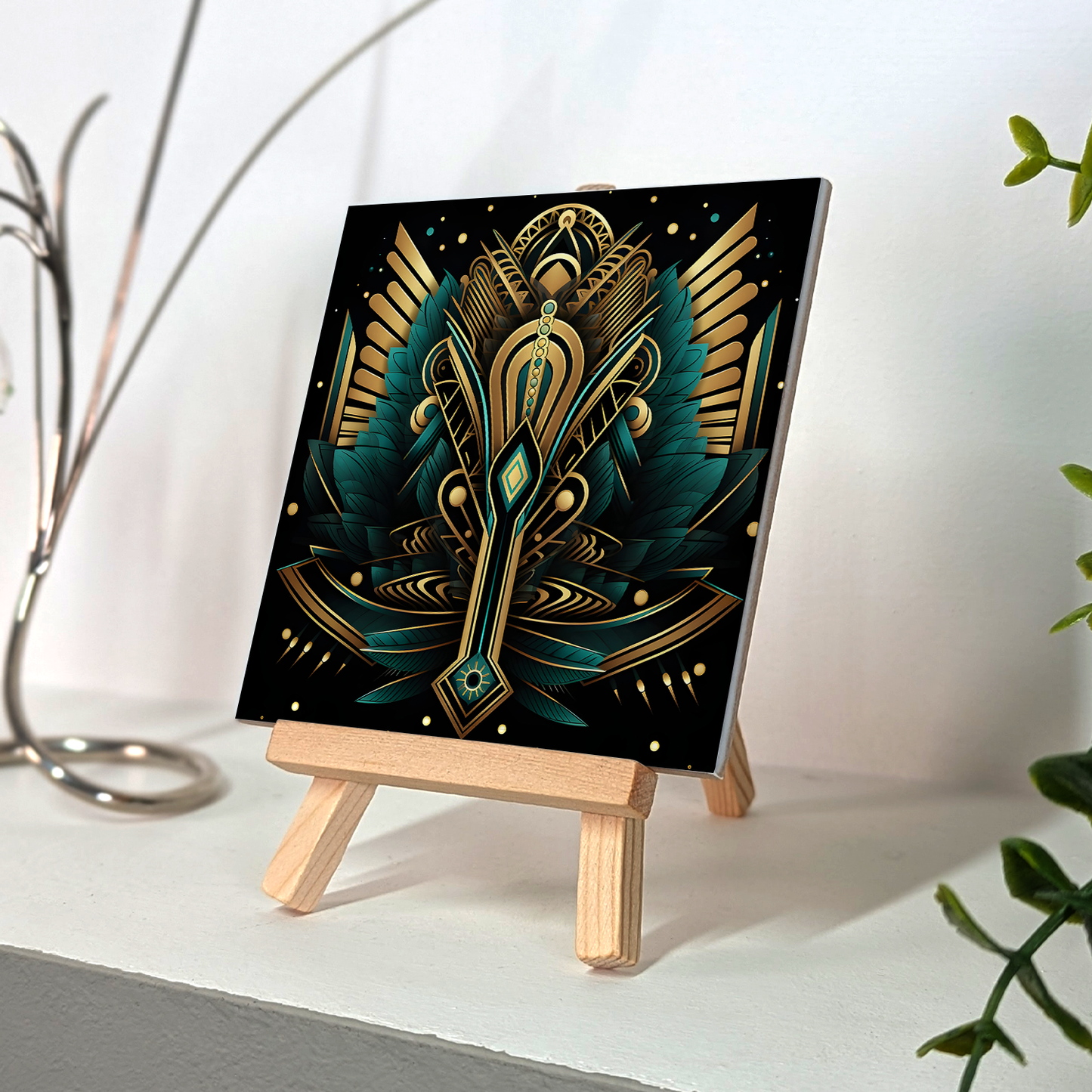 Emerald Majesty Ceramic Art Tile with Easel
