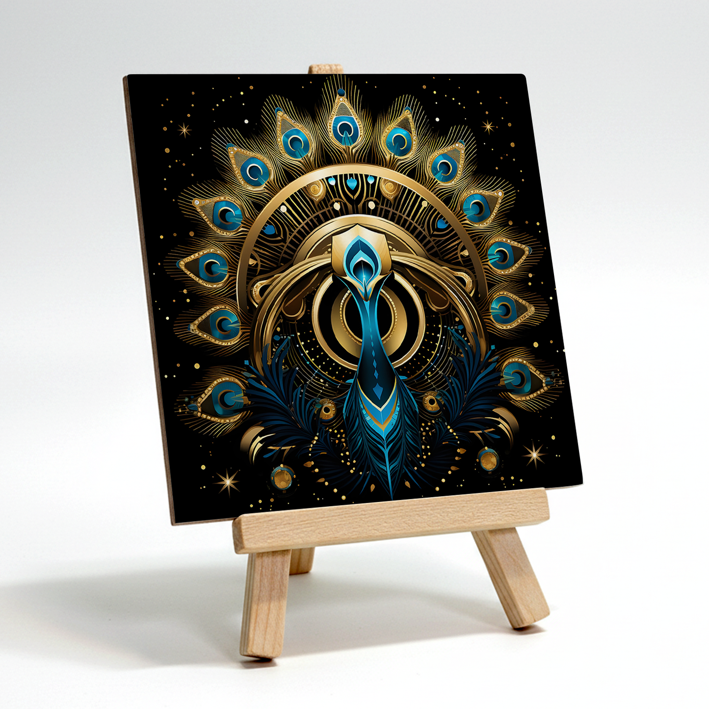 Celestial Peacock Ceramic Art Tile with Easel