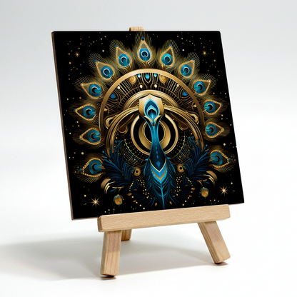 Celestial Peacock Ceramic Art Tile with Easel