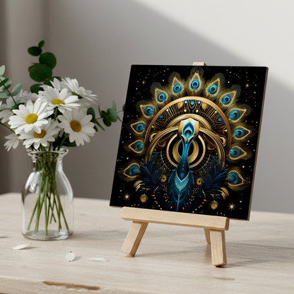 Celestial Peacock Ceramic Art Tile with Easel