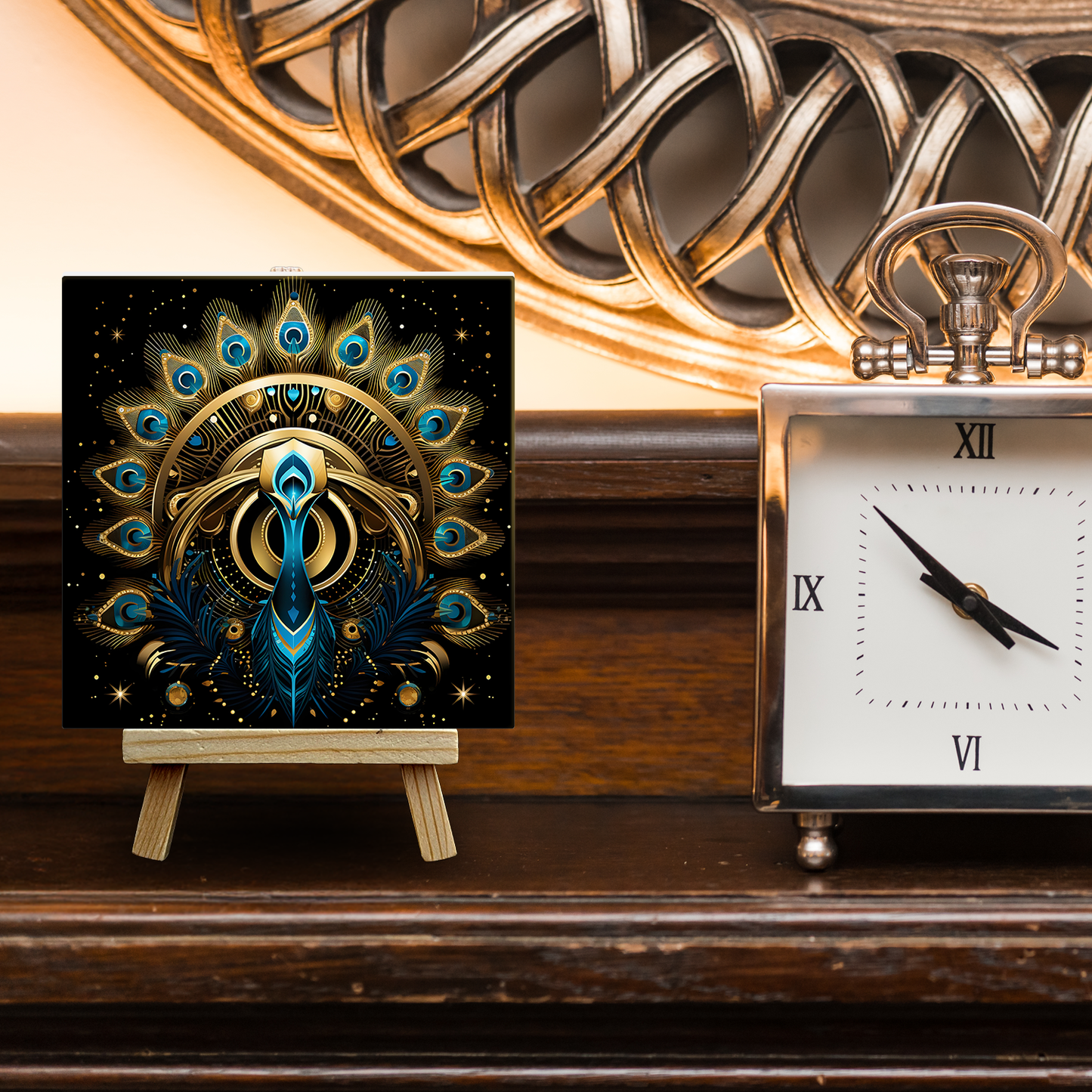 Celestial Peacock Ceramic Art Tile with Easel