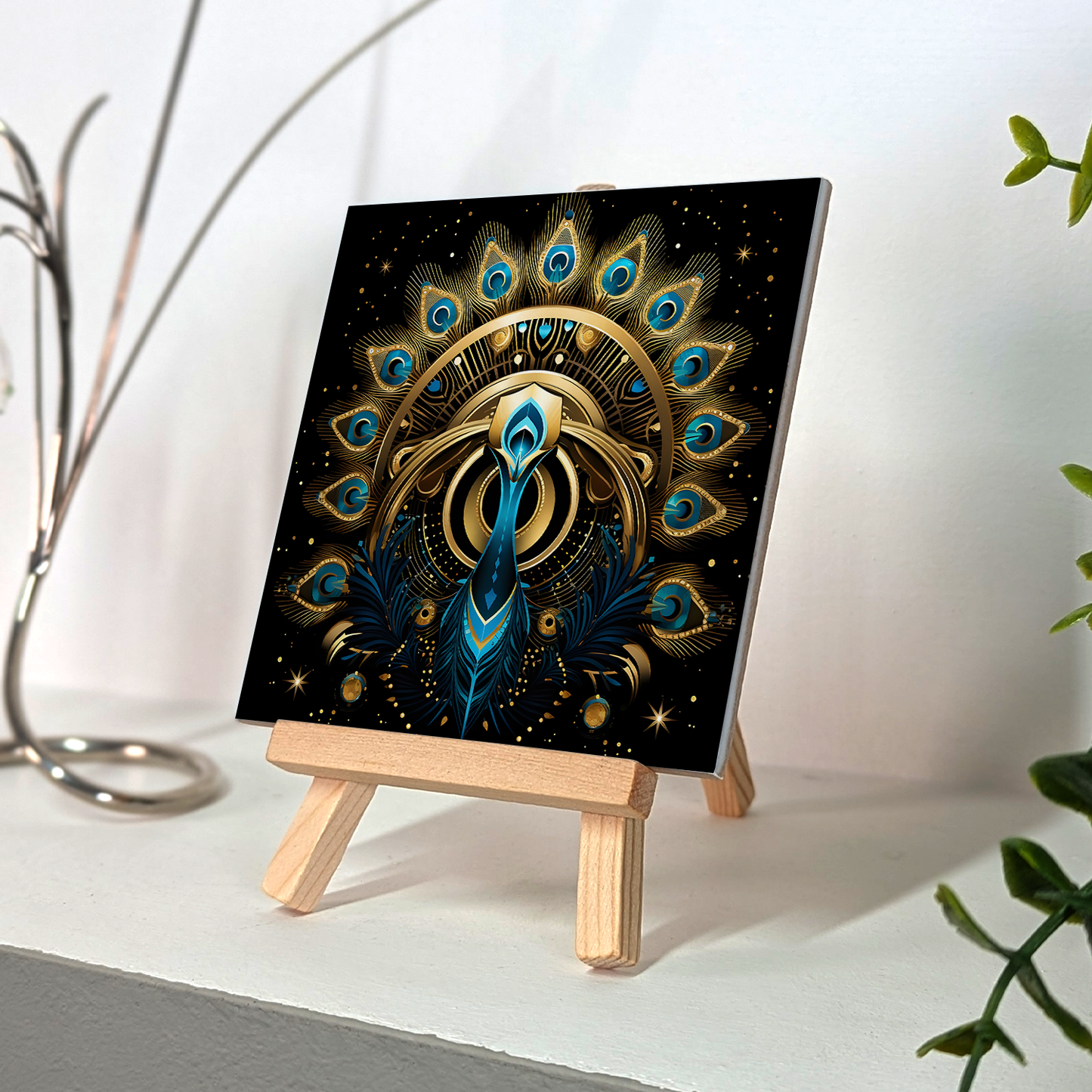 Celestial Peacock Ceramic Art Tile with Easel