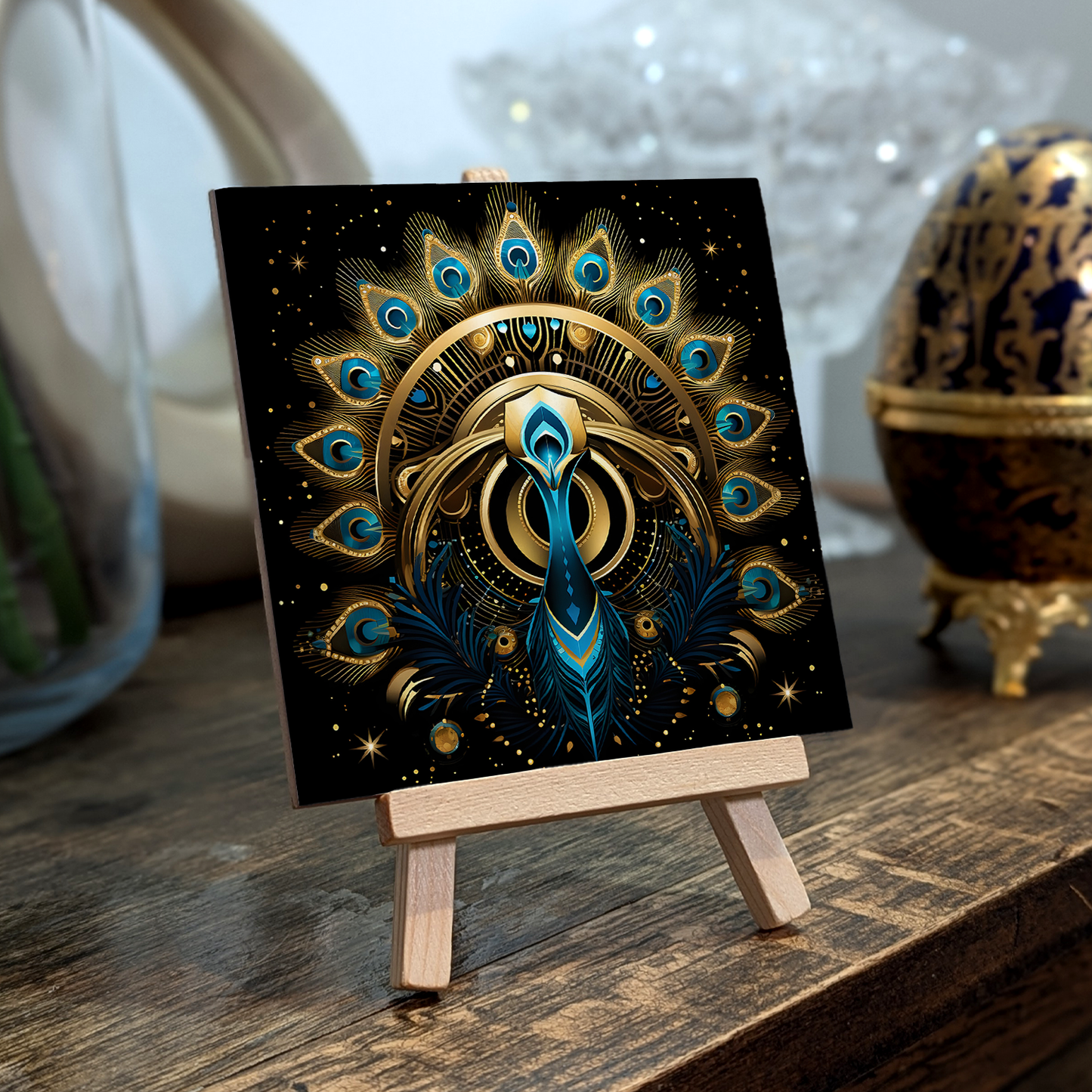 Celestial Peacock Ceramic Art Tile with Easel