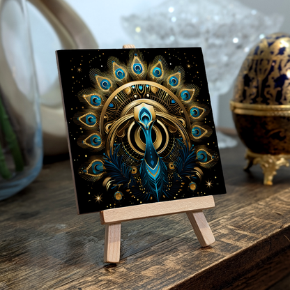 Celestial Peacock Ceramic Art Tile with Easel