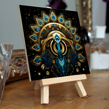 Celestial Peacock Ceramic Art Tile with Easel
