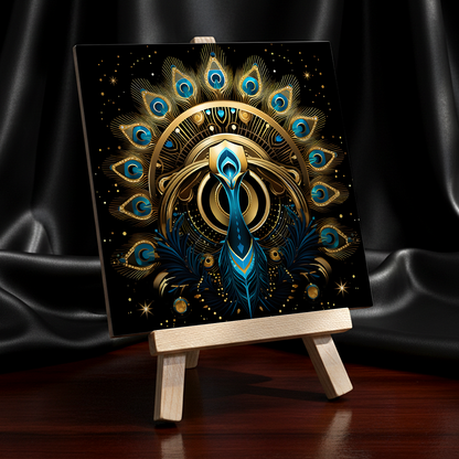 Celestial Peacock Ceramic Art Tile with Easel