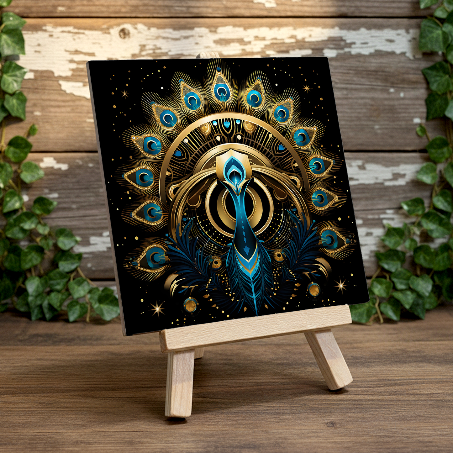 Celestial Peacock Ceramic Art Tile with Easel