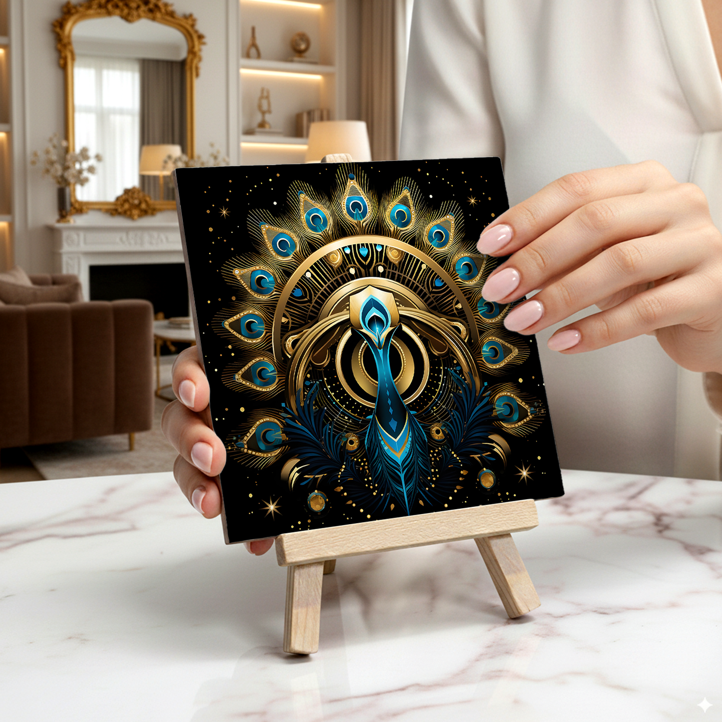 Celestial Peacock Ceramic Art Tile with Easel