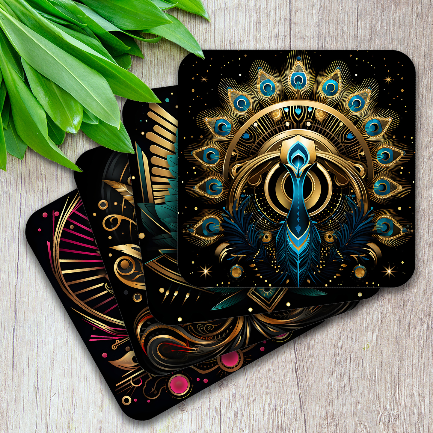 Art Deco - Set Of 4 Wooden Coasters With Cork Backing 95mm