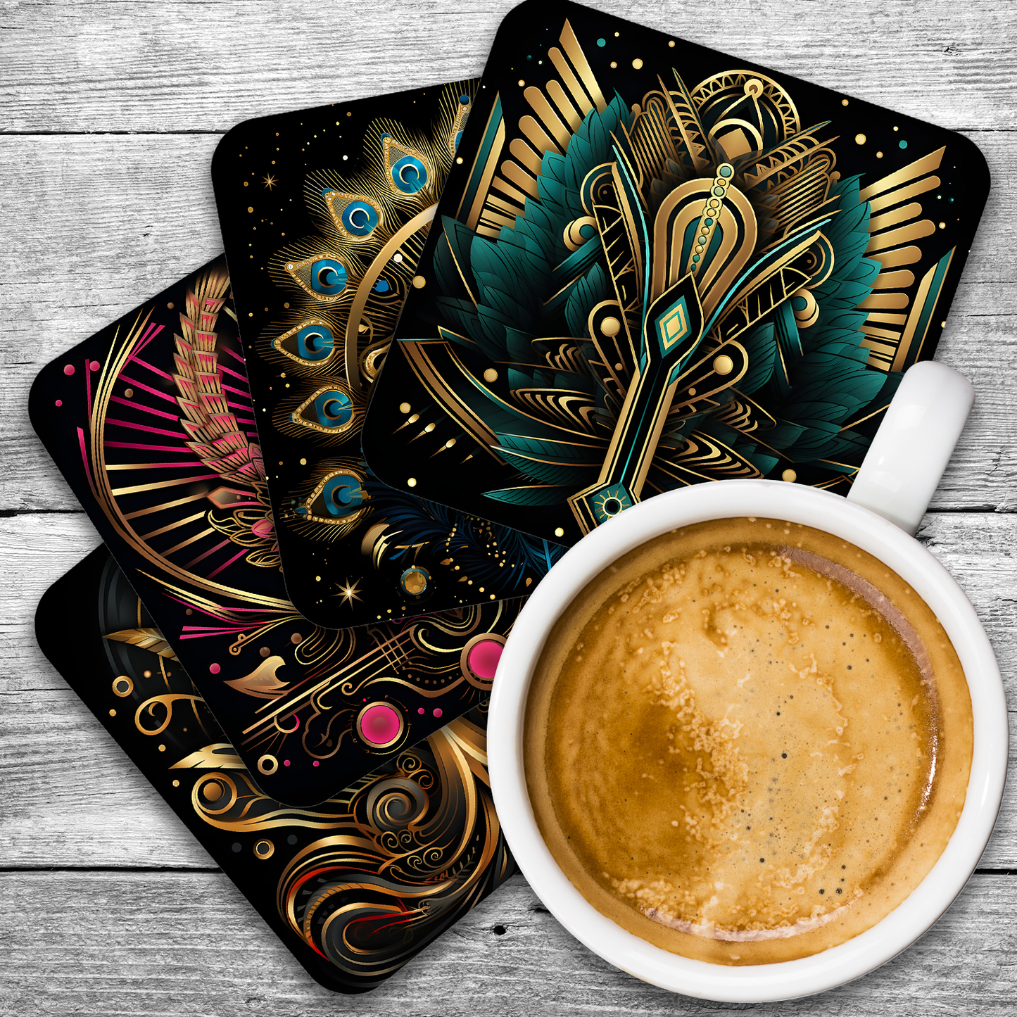 Art Deco - Set Of 4 Wooden Coasters With Cork Backing 95mm