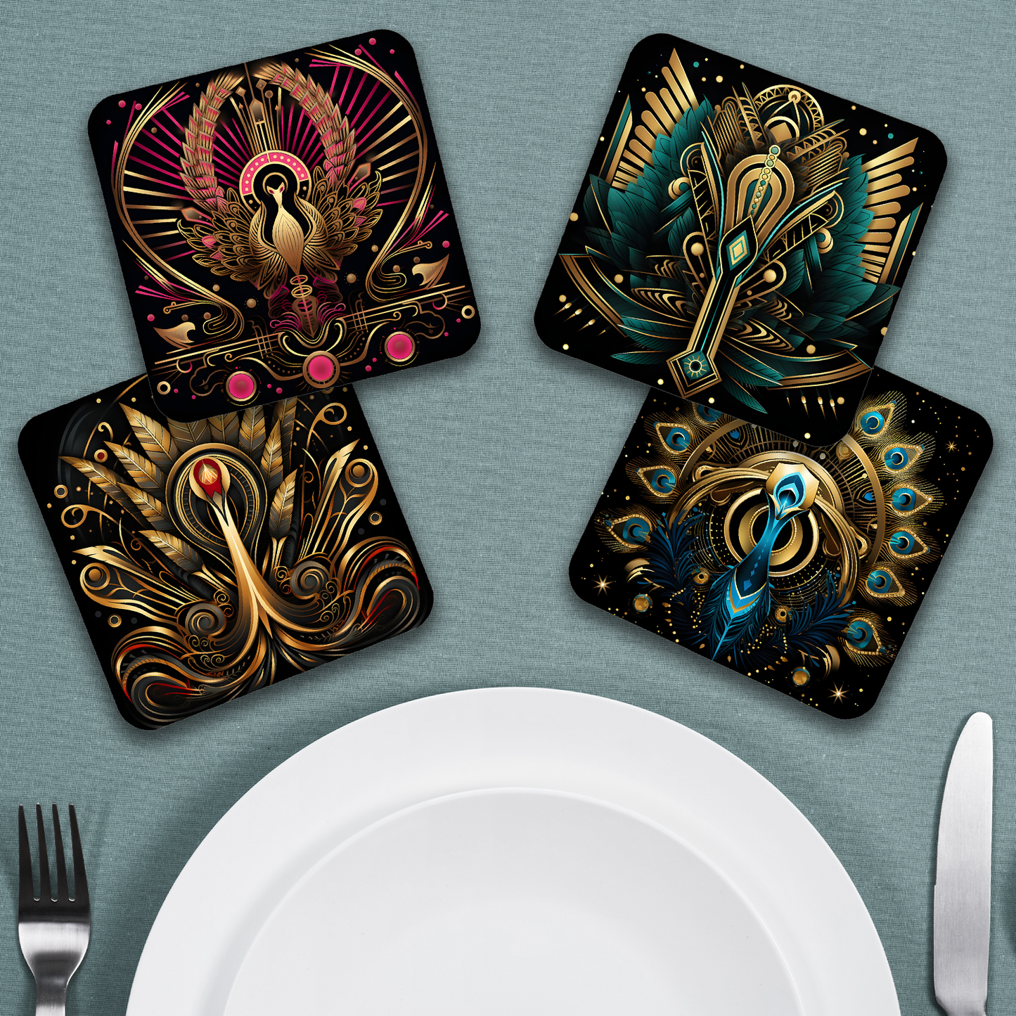 Art Deco - Set Of 4 Wooden Coasters With Cork Backing 95mm