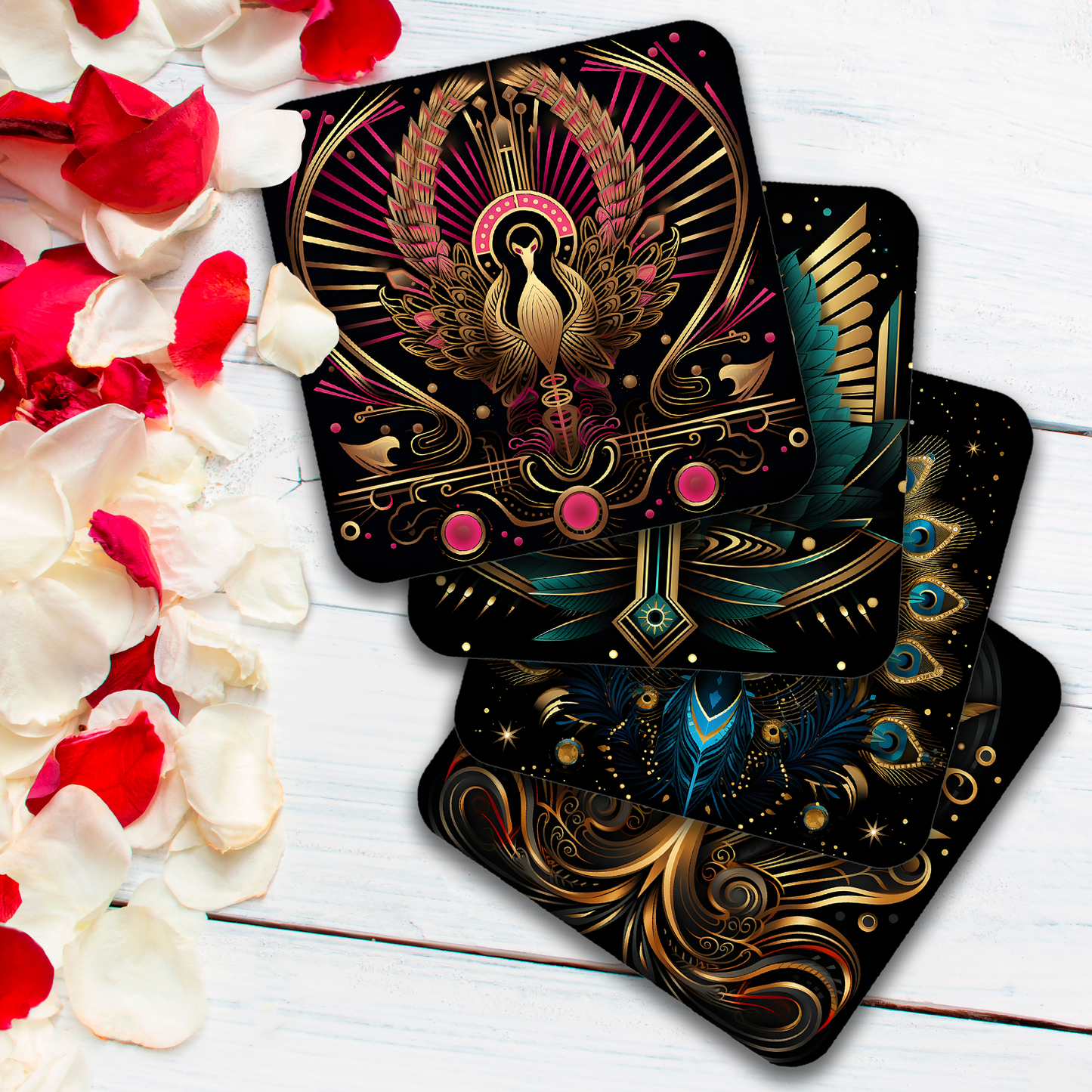 Art Deco - Set Of 4 Wooden Coasters With Cork Backing 95mm