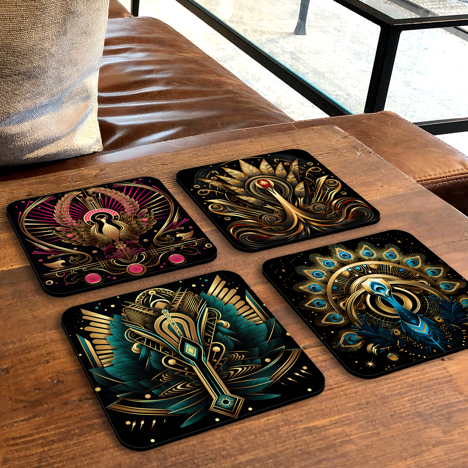 Art Deco - Set Of 4 Wooden Coasters With Cork Backing 95mm