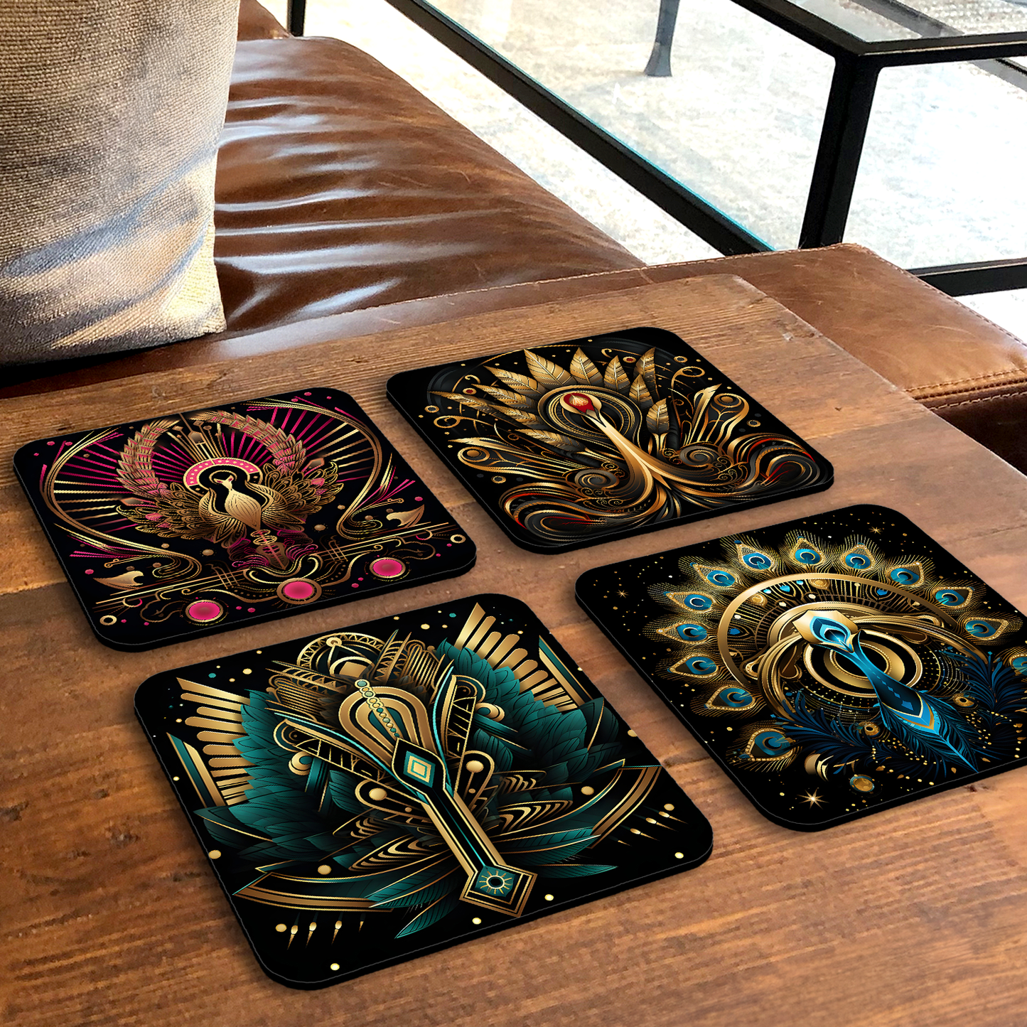 Art Deco - Set Of 4 Wooden Coasters With Cork Backing 95mm
