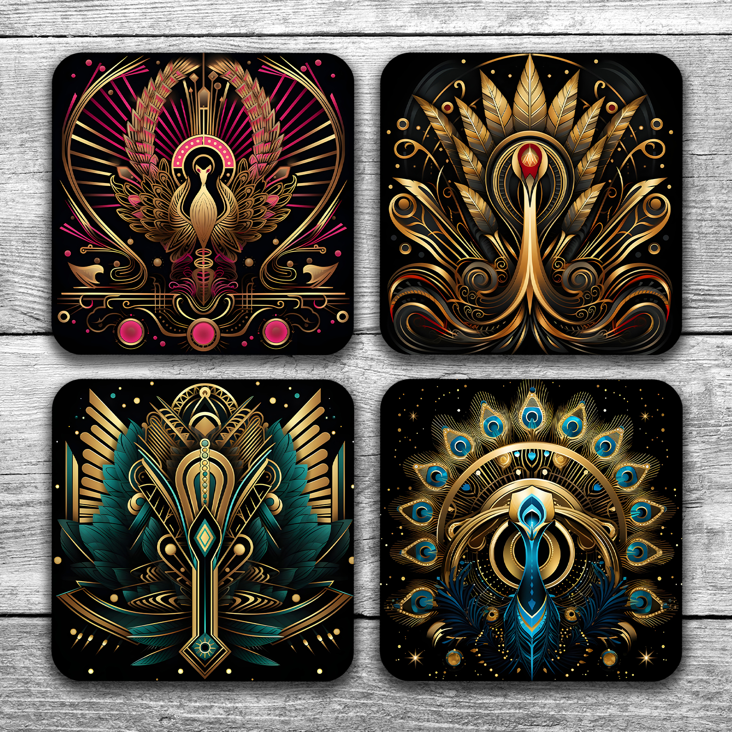 Art Deco - Set Of 4 Wooden Coasters With Cork Backing 95mm