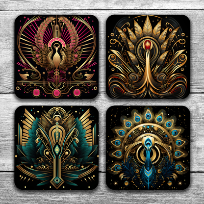 Art Deco - Set Of 4 Wooden Coasters With Cork Backing 95mm